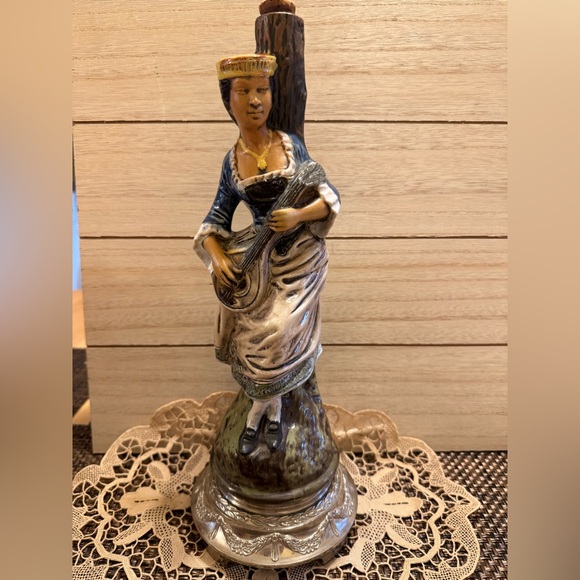 VTG Italian hand-painted ornamental ceramic decanter of woman playing flute